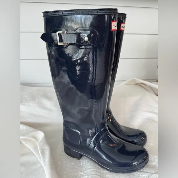 Hunter Original Tall Gloss Navy Blue Waterproof Boots - Picture 14 of 16